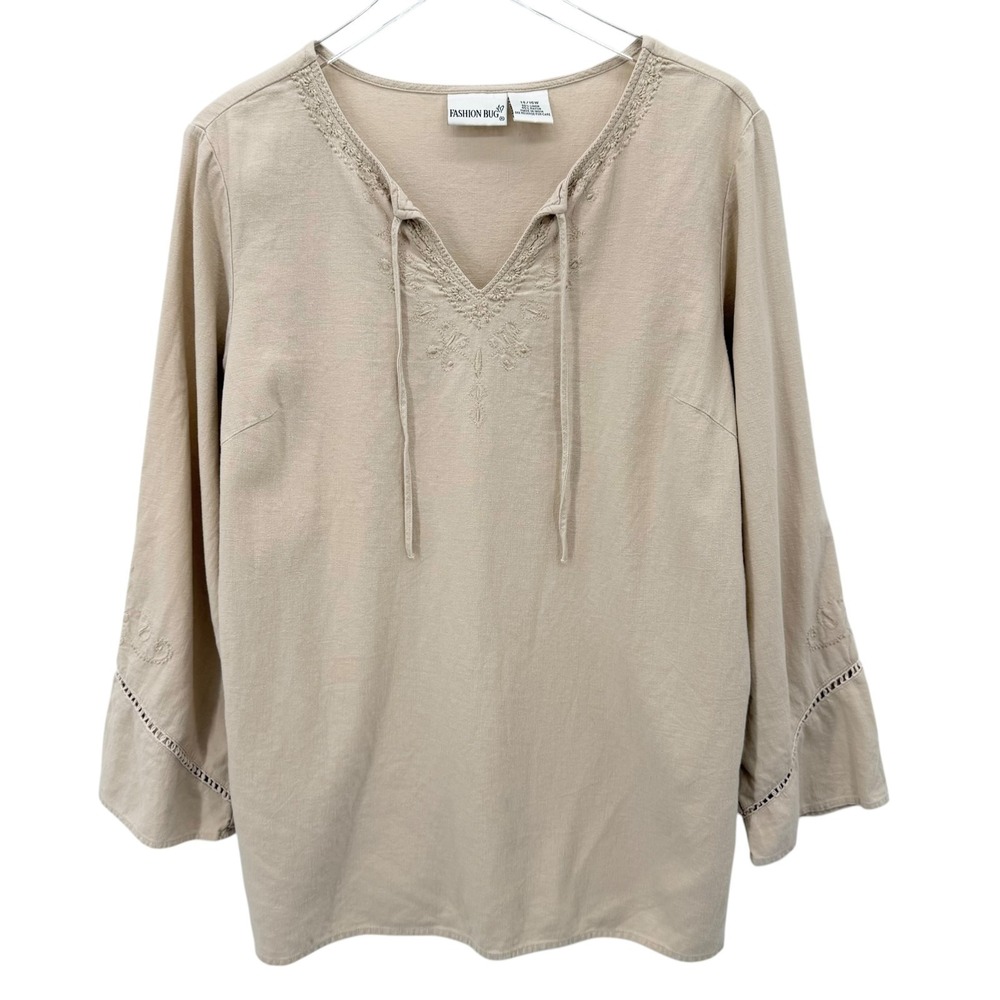 90s VTG Fashion Bug Tunic Size 14/16W Embroidered Linen Blend Top Boho Beige